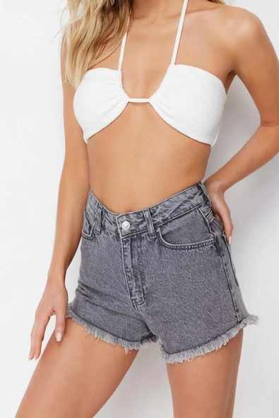 Moda Denim Yüksek Bel Boru Paça Plaj Gri Mini Dokuma Denim %100 Pamuklu Şort Bermuda - 2