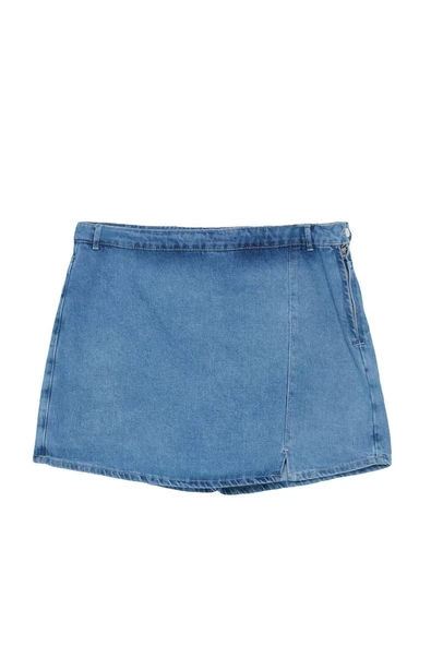 Büyük Beden Moda Denim Yüksek Bel Geniş Paça Gündelik Mavi Yırtmaçlı Şort Etek - 6