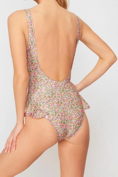 Kadın Moda Atma Kap Askılı Brief Yaka Çiçek Desenli Fırfırlı Regular Mayo - 5