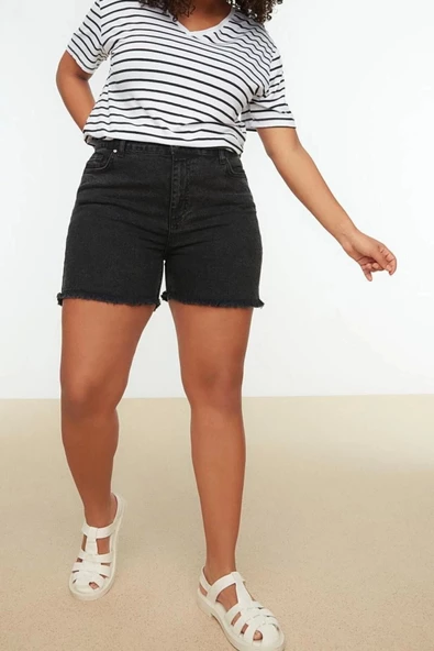 Büyük Beden Moda Denim Yüksek Bel Dar Paça Gündelik Siyah Yüksek Bel Skinny Şort Bermuda - 2
