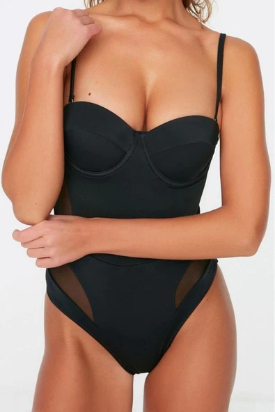 Kadın Moda Sabit Kap Askılı Brief Yaka Siyah Balkonet Mesh Detaylı Regular Mayo - 6