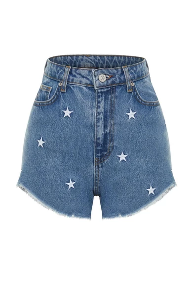Moda Denim Normal Bel Boru Paça Plaj Koyu Mavi Denim Nakışlı Denim %100 Pamuklu Şort Bermuda - 5