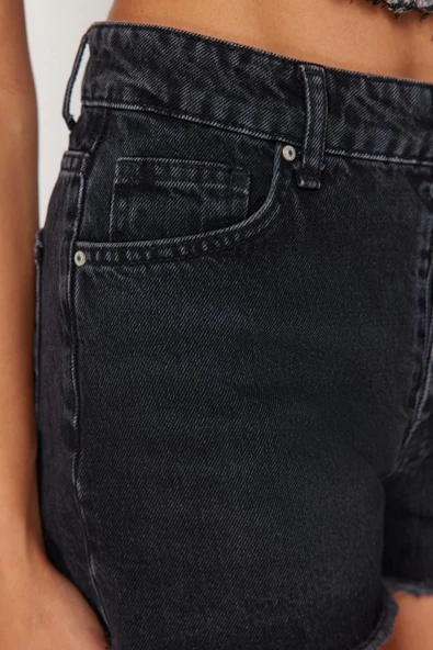 Büyük Beden Moda Denim Yüksek Bel Dar Paça Gündelik Siyah Solmayan Esnek Skinny Şort - 5