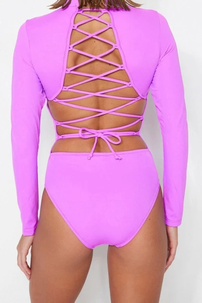 Kadın Moda Kapsız Uzun Brief Yaka Fuşya Sırt Dekolteli Uzun Kollu Regular Sörf Mayosu - 6