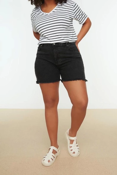 Büyük Beden Moda Denim Yüksek Bel Dar Paça Gündelik Siyah Yüksek Bel Skinny Şort Bermuda - 3