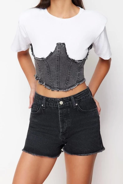 Büyük Beden Moda Denim Yüksek Bel Dar Paça Gündelik Siyah Solmayan Esnek Skinny Şort - 2