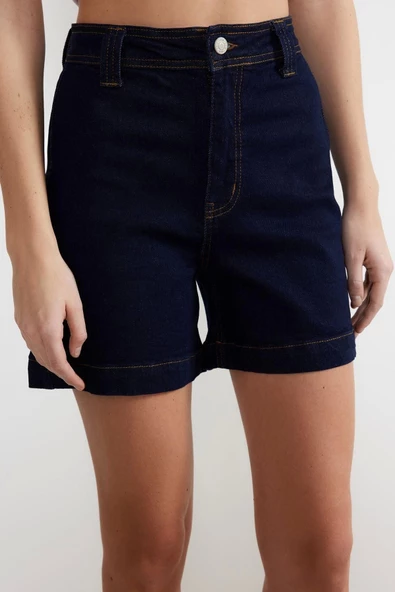 Moda Denim Yüksek Bel Geniş Paça Gündelik Mavi Fitted Dikiş Detaylı Yüksek Bel Denim Şort