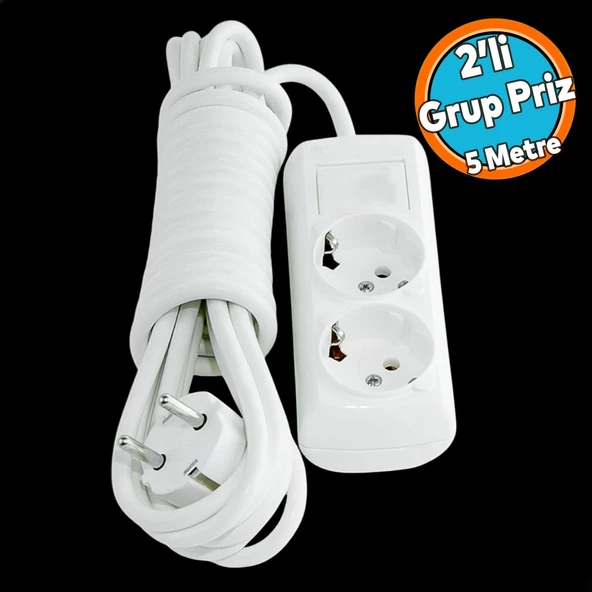 Topraklı Grup Priz Kablolu 2'li Fiş Çoğaltıcı 5 Metre Çoklu Asmalı Uzatma Kablosu Anahtarsız ürün görseli 1