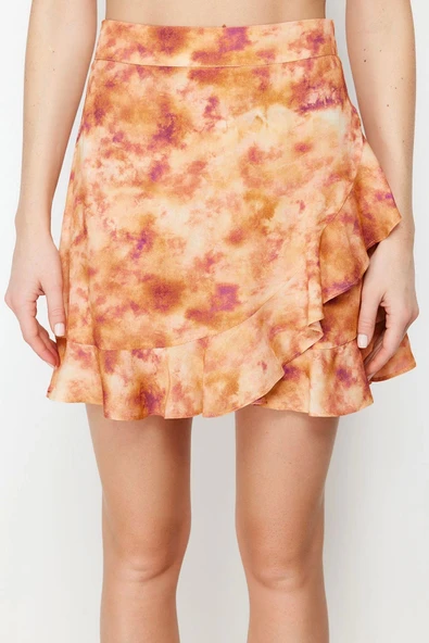 Moda Dokuma Yüksek Bel Boru Paça Gündelik Batik Desenli Etek Ucu Fırfırlı Viskon Dokuma Şort Etek