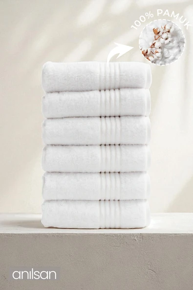 6'lı Çizgili Beyaz El Havlusu - 50x90 Cm, 180gr, %100 Pamuk, Spa Ve Otel Havlusu, Günlük Kullanım - Resim 1