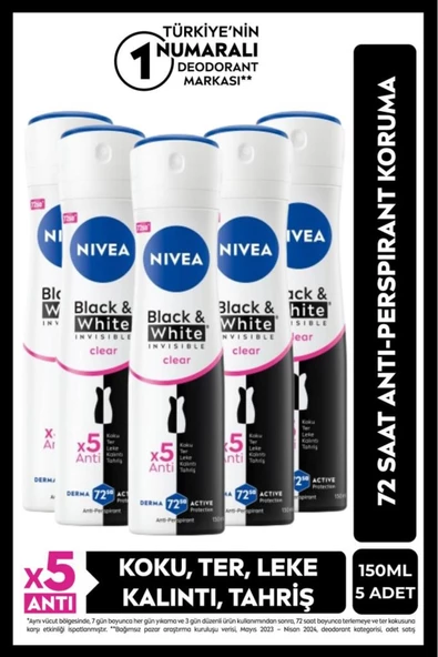 Nivea Invisible Black&White Clear Kadın Deodorant 5 x 150 ML