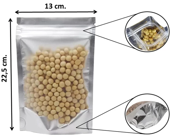 Doypack Pencereli Metalize Kilitli Kese Kağıdı - 250 Gramlık - 13x22x7 Cm. - 100 Adet - 8