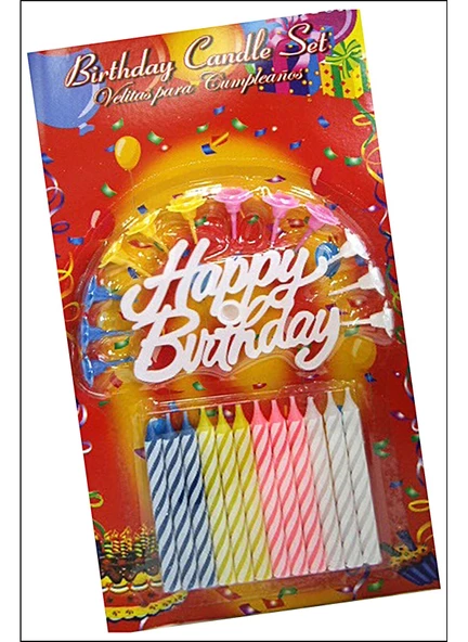 Rengarenk Mumlu Beyaz Happy Birthday Yazılı Doğum Günü Mumu 12 Adet - 6