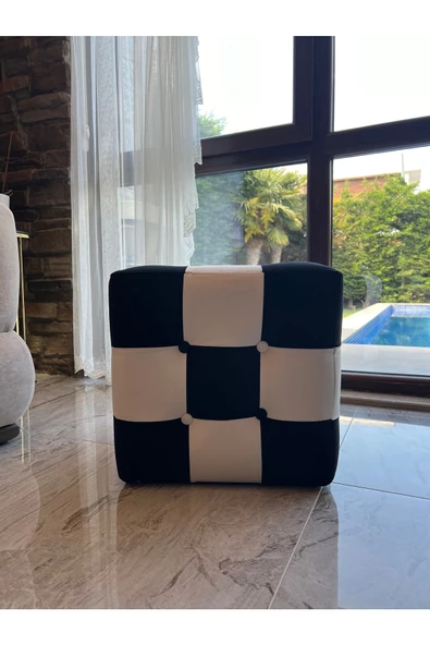 Holm Ev Design Lüks Kadife Kumaş Kare Siyah Beyaz Puf - 3