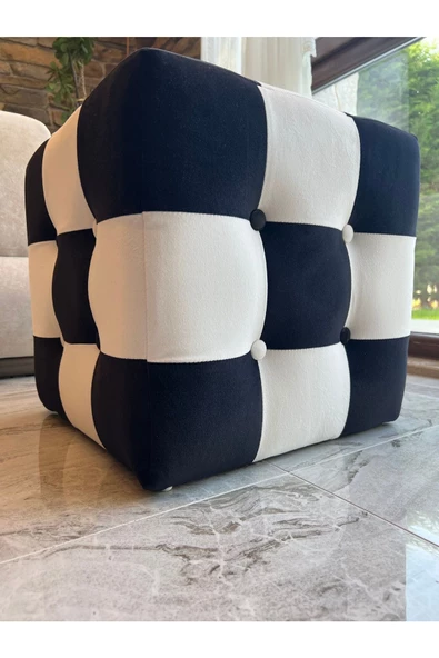 Holm Ev Design Lüks Kadife Kumaş Kare Siyah Beyaz Puf - 4