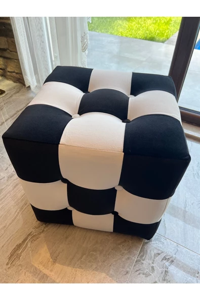 Holm Ev Design Lüks Kadife Kumaş Kare Siyah Beyaz Puf - 2