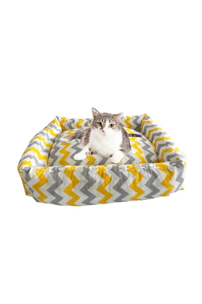 Vip Home Concept Yıkanabilir Kedi Ve Köpek Yatağı Kedi Yatak 60x45x17 Cm-sarı Gri Zikzak