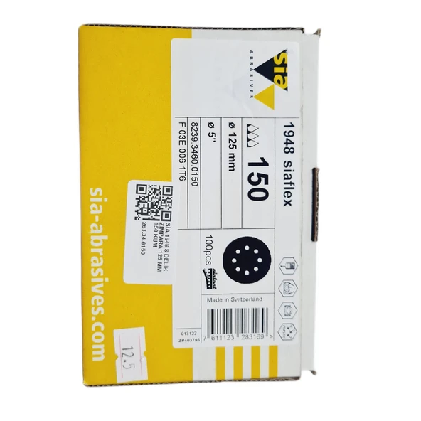 SİA 1948 SİAFLEX  8 DELİKLİ ZIMPARA 125 MM 150 KUM  | AHŞAP İŞLERİNİZDE MÜKEMMEL SONUÇLAR | 25 ADET - 6
