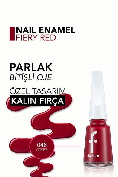 Flormar Klasik Parlak Bitişli Yüksek Pigmentli Oje - Nail Enamel- 048 Fıery Red New- 8682536035712 - 5