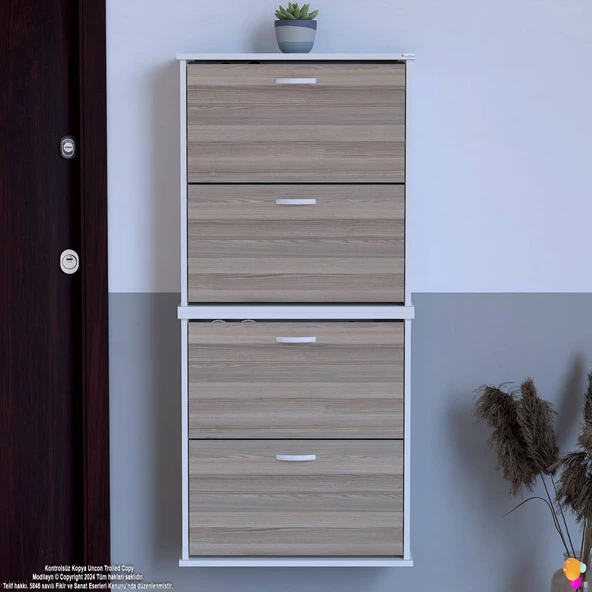 Modilayn UMAY' 2 Li Asma Antre Hol 72 x 148 x 25,5 cm’ lik 4 Düşer Kapak 8 Göz Bölmeli Ayakkabılık - 3