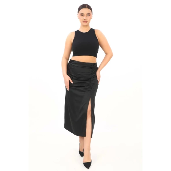 Büyük Beden Saten Drape Yırtmaçlı Midi Siyah Etek - 2