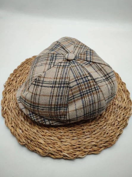 Çizgili Modern Erkek Klasik Kasket Krem Renk - Resim 2