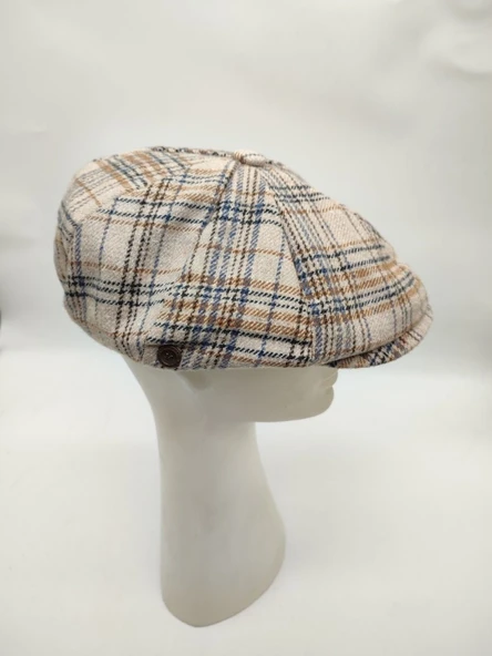 Çizgili Modern Erkek Klasik Kasket Krem Renk - Resim 7