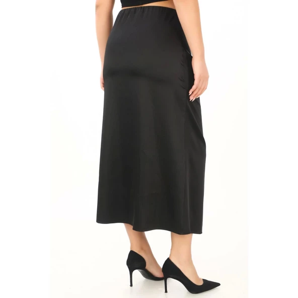 Büyük Beden Saten Drape Yırtmaçlı Midi Siyah Etek - 4