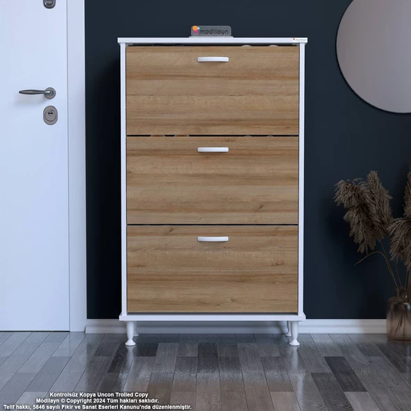 Modilayn VARBİ Antre Hol 72 x 127x 25, 5 cm’ lik 3 Düşer Kapak 6 Göz Raf Bölmeli Ayakkabılık