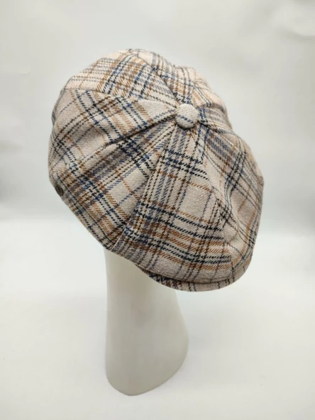 Çizgili Modern Erkek Klasik Kasket Krem Renk - Resim 4