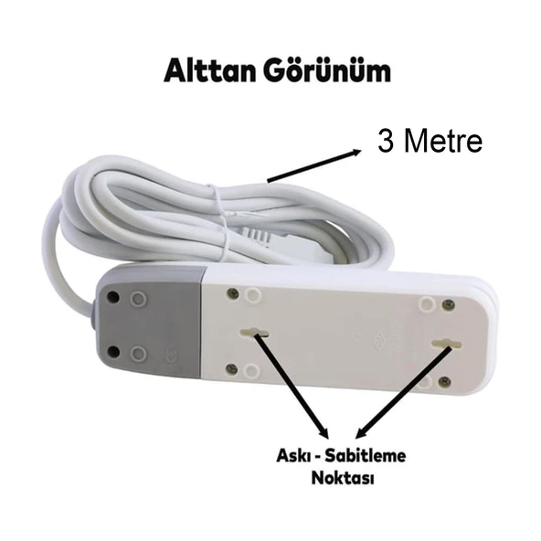 Topraklı Grup Priz Kablolu 4'lü Fiş Çoğaltıcı 3 Metre Çoklu Uzatma Kablosu Anahtarlı Kablolu - 3
