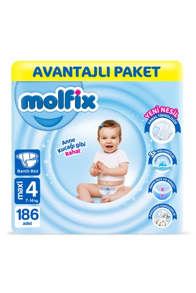 Molfix Bebek Bezi 4 Beden Maxi Avantajlı Paket 186 Adet