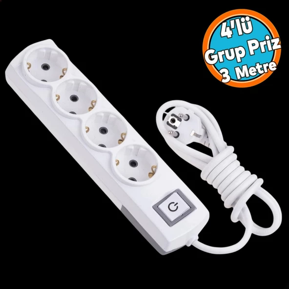 Topraklı Grup Priz Kablolu 4'lü Fiş Çoğaltıcı 3 Metre Çoklu Uzatma Kablosu Anahtarlı Kablolu