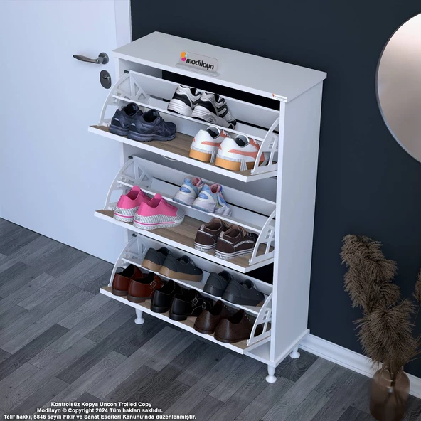 Modilayn VARBİ Antre Hol 72 x 127 x 25,5 cm lik 3 Düşer Kapak 6 Göz Raf Bölmeli Ayakkabılık - 2