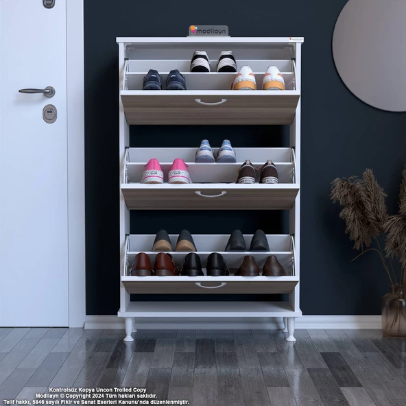 Modilayn VARBİ Antre Hol 72 x 127 x 25,5 cm lik 3 Düşer Kapak 6 Göz Raf Bölmeli Ayakkabılık - 3