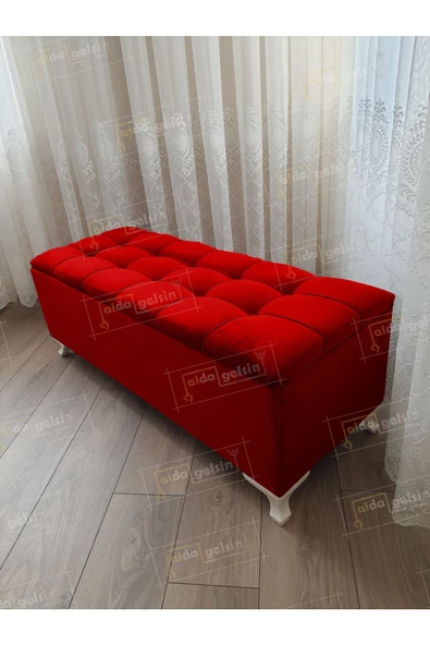 Yeni Model Lüks Çizgi Kapitoneli Sandıklı Puf Bench Kırmızı