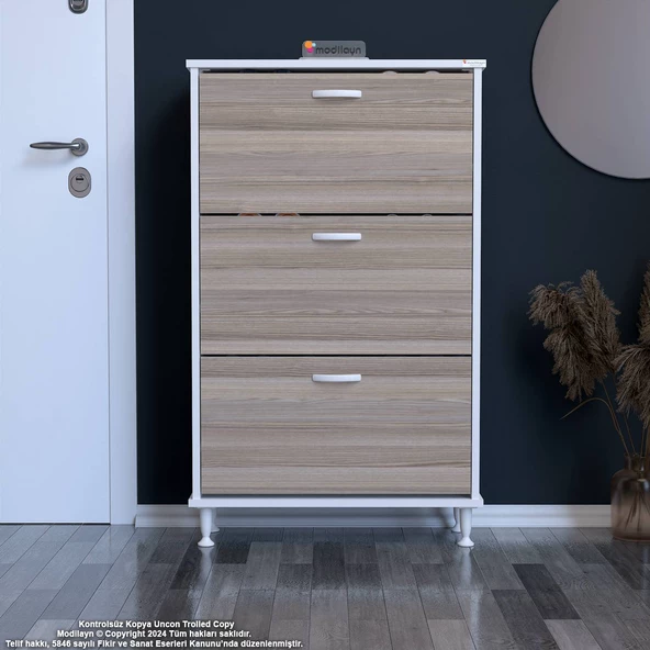 Modilayn VARBİ Antre Hol 72 x 127 x 25,5 cm lik 3 Düşer Kapak 6 Göz Raf Bölmeli Ayakkabılık