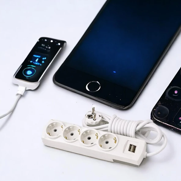 Topraklı Grup Priz Kablolu USB'li 4'lü Fiş Çoğaltıcı 5 Metre Çoklu Asmalı Uzatma Kablosu Düğmesiz - 4
