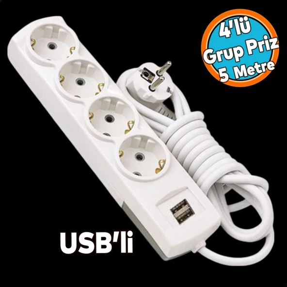 Topraklı Grup Priz Kablolu USB'li 4'lü Fiş Çoğaltıcı 5 Metre Çoklu Asmalı Uzatma Kablosu Düğmesiz