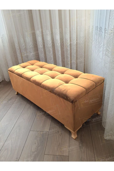 Çizgi Kapitoneli Sandıklı Puf 110 cm Gold Ayak