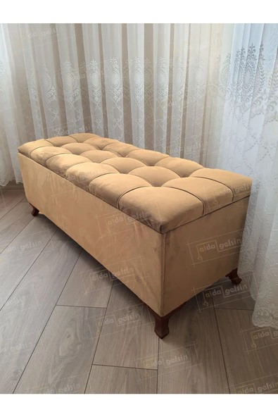 Çizgi Kapitoneli Sandıklı Puf  110 cm Ceviz Ayak ürün görseli 1