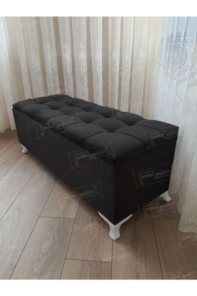 Lüks Çizgi Kapitoneli Sandıklı Puf Bench 120 cm Beyaz Ayak ürün görseli 1