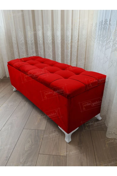 Çizgi Kapitoneli Sandıklı Puf  90 cm Beyaz Ayak - 1