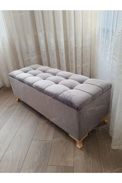 Lüks Çizgi Kapitoneli Sandıklı Puf Bench 120 cm Gold Ayak