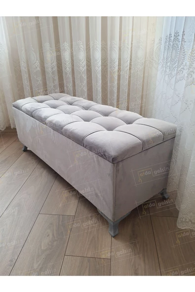 Çizgi Kapitoneli Sandıklı Puf Bench 120 cm Gümüş Ayak