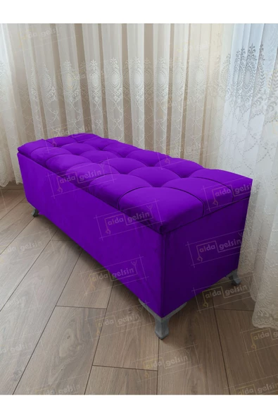 Lüks Çizgi Kapitoneli Sandıklı Puf Bench 120 cm Gümüş Ayak