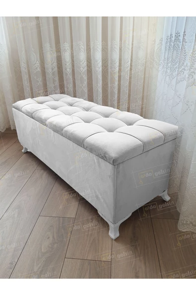 Çizgi Kapitoneli Sandıklı Puf  110 cm Beyaz Ayak ürün görseli 1