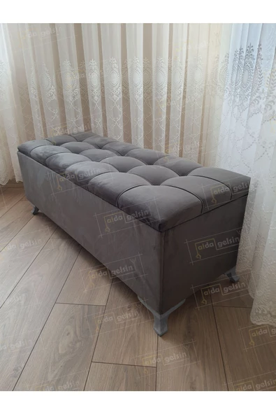 Çizgi Kapitoneli Sandıklı Puf  110 cm Gümüş Ayak ürün görseli 1