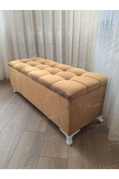 Lüks Çizgi Kapitoneli Sandıklı Puf Bench 120 cm Beyaz Ayak ürün görseli