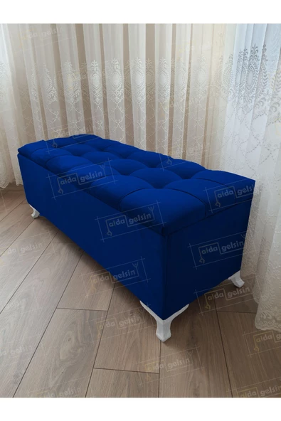 Çizgi Kapitoneli Sandıklı Puf  110 cm Beyaz Ayak ürün görseli 1